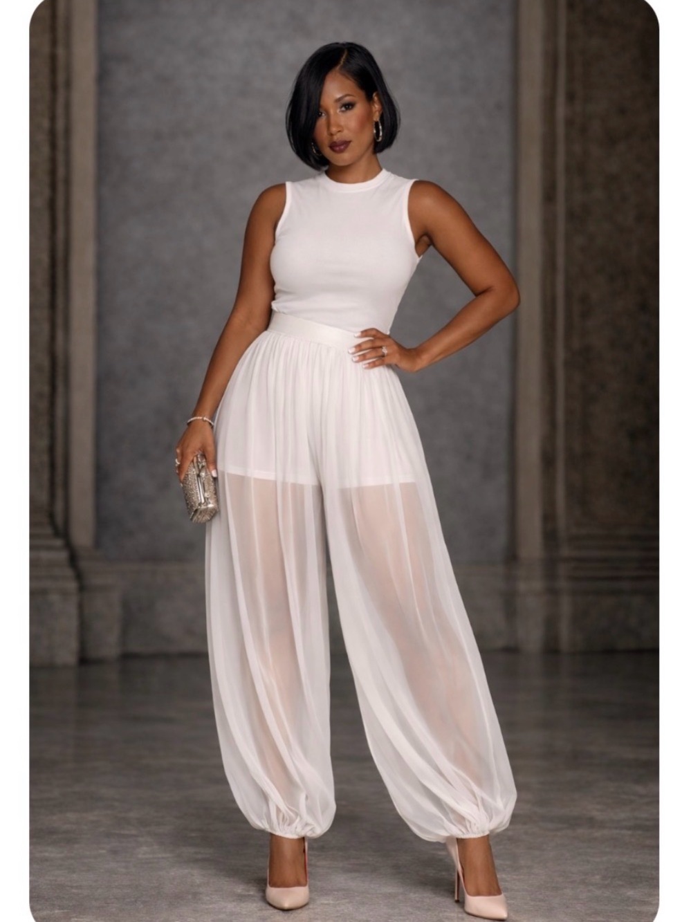 Norma Kamali White Mesh Boyfriend Puff Jog Pants XL